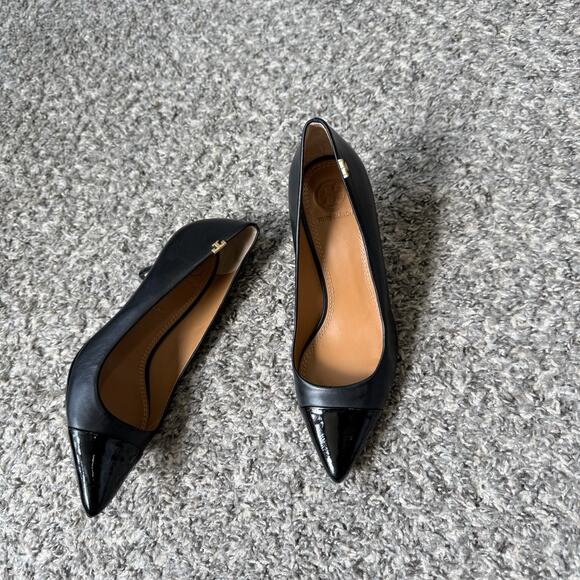Tory Burch Shoes - Tory Burch Penelope Cap Toe Pumps Heels Sz 5 Black Leather Patent Pointed Toe